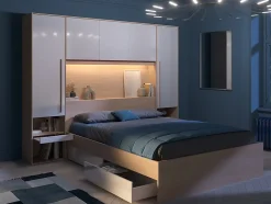 Lit pont 160 x 200 cm avec rangements - avec LEDs - Coloris : Naturel et blanc brillant + Sommier + Matelas - VELONA