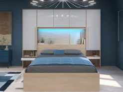 Lit pont 160 x 200 cm avec rangements - avec LEDs - Coloris : Naturel et blanc brillant + Sommier + Matelas - VELONA