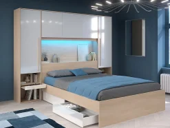 Lit pont 160 x 200 cm avec rangements - avec LEDs - Coloris : Naturel et blanc brillant + Sommier + Matelas - VELONA