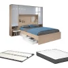Lit pont 140 x 190 cm avec rangements - avec LEDs - Coloris : Naturel et blanc brillant + Sommier + Matelas - VELONA