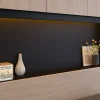 Lit pont 160 x 200 cm avec rangements - Avec LEDs - Coloris : Naturel et noir + Sommier - VELONA