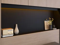 Lit pont 160 x 200 cm avec rangements - Avec LEDs - Coloris : Naturel et noir + Sommier - VELONA