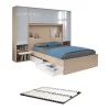 Lit pont 140 x 190 cm avec rangements - avec LEDs - Coloris : Naturel et blanc brillant + Sommier - VELONA