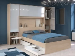 Lit pont 140 x 190 cm avec rangements - avec LEDs - Coloris : Naturel et blanc brillant + Sommier - VELONA