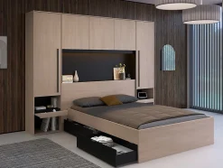 Lit pont 140 x 190 cm avec rangements - Avec LEDs - Coloris : Naturel et noir + Sommier + Matelas - VELONA