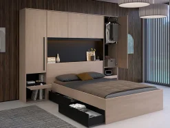 Lit pont 140 x 190 cm avec rangements - Avec LEDs - Coloris : Naturel et noir + Sommier + Matelas - VELONA