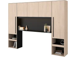 Lit pont 140 x 190 cm avec rangements - Avec LEDs - Coloris : Naturel et noir + Sommier + Matelas - VELONA