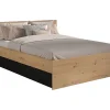 Lit pont 140 x 190/200 cm avec rangements - Avec LEDs - Coloris : Naturel et noir + Sommier + Matelas - VARLY