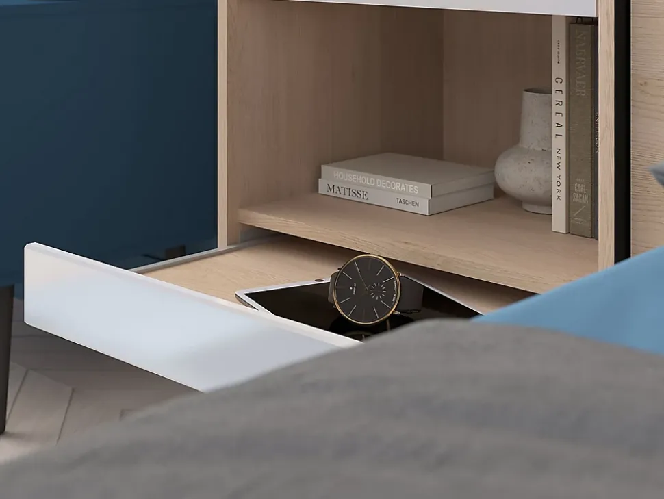 Lit pont 160 x 200 cm avec rangements - avec LEDs - Coloris : Naturel et blanc brillant - VELONA