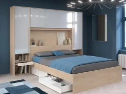 Lit pont 160 x 200 cm avec rangements - avec LEDs - Coloris : Naturel et blanc brillant - VELONA