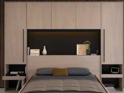 Lit pont 140 x 190 cm avec rangements - Avec LEDs - Coloris : Naturel et noir - VELONA