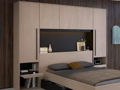 Lit pont 140 x 190 cm avec rangements - Avec LEDs - Coloris : Naturel et noir - VELONA