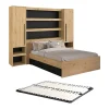 Lit pont 140 x 190/200 cm avec rangements - Avec LEDs - Coloris : Naturel et noir + Sommier - VARLY