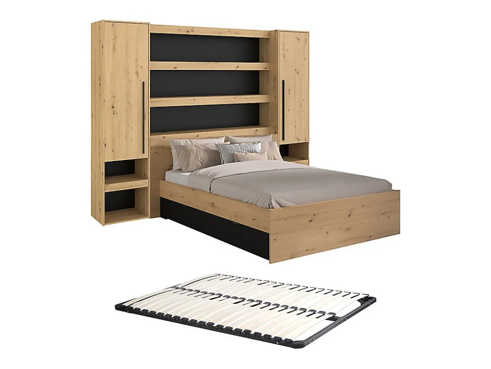 Lit pont 140 x 190/200 cm avec rangements - Avec LEDs - Coloris : Naturel et noir + Sommier - VARLY