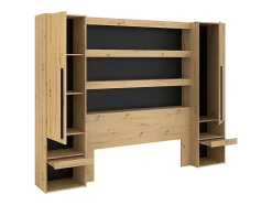 Lit pont 140 x 190/200 cm avec rangements - Avec LEDs - Coloris : Naturel et noir + Sommier - VARLY