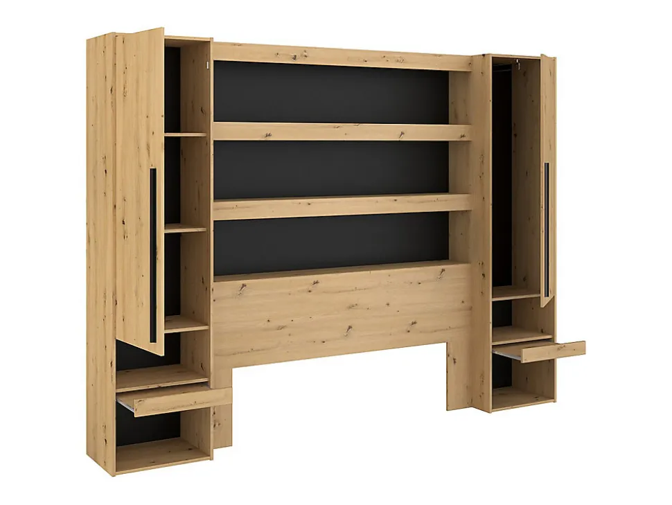 Lit pont 140 x 190/200 cm avec rangements - Avec LEDs - Coloris : Naturel et noir + Sommier - VARLY