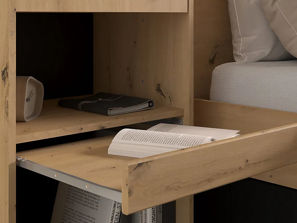 Lit pont 140 x 190/200 cm avec rangements - Avec LEDs - Coloris : Naturel et noir + Sommier - VARLY