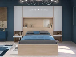 Lit pont 140 x 190 cm avec rangements - Avec LEDs - Coloris : Naturel et blanc brillant - VELONA