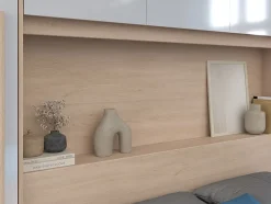 Lit pont 140 x 190 cm avec rangements - Avec LEDs - Coloris : Naturel et blanc brillant - VELONA