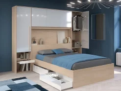 Lit pont 140 x 190 cm avec rangements - Avec LEDs - Coloris : Naturel et blanc brillant - VELONA