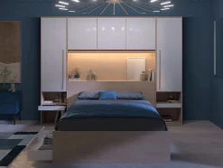 Lit pont 140 x 190 cm avec rangements - Avec LEDs - Coloris : Naturel et blanc brillant - VELONA
