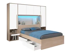 Lit pont 140 x 190 cm avec rangements - Avec LEDs - Coloris : Naturel et blanc brillant - VELONA