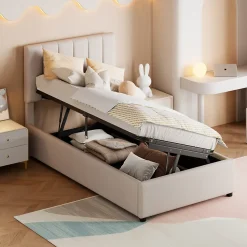 Lit Pour Enfant Rembourré, 90 X 200 Cm, Coffre De Rangement Hydraulique, En Lin, Beige