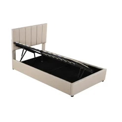 Lit Pour Enfant Rembourré, 90 X 200 Cm, Coffre De Rangement Hydraulique, En Lin, Beige