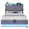 Lit rembourré 90 par 200 cm avec LED multicolores prise USB tête relevable rangement hydraulique poches latérales tissu gris