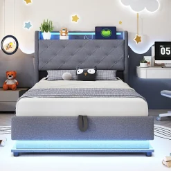 Lit rembourré 90 par 200 cm avec LED multicolores prise USB tête relevable rangement hydraulique poches latérales tissu gris