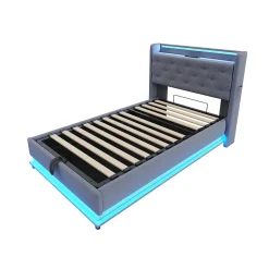 Lit rembourré 90 par 200 cm avec LED multicolores prise USB tête relevable rangement hydraulique poches latérales tissu gris