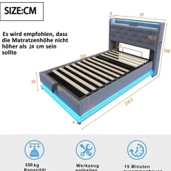 Lit rembourré 90 par 200 cm avec LED multicolores prise USB tête relevable rangement hydraulique poches latérales tissu gris