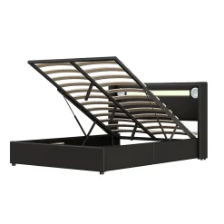 Lit rembourré 140 sur 200 avec éclairage LED lecteur Bluetooth port USB rangement en cuir PU sommier inclus noir élégant