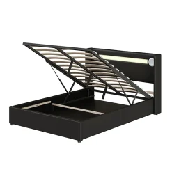 Lit rembourré 140 sur 200 avec éclairage LED lecteur Bluetooth port USB rangement en cuir PU sommier inclus noir élégant