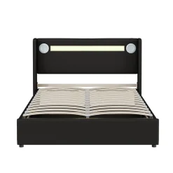 Lit rembourré 140 sur 200 avec éclairage LED lecteur Bluetooth port USB rangement en cuir PU sommier inclus noir élégant