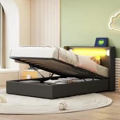 Lit rembourré 90 sur 200 avec éclairage LED lecteur Bluetooth port USB rangement en cuir PU sommier inclus pour chambre jeune