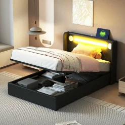 Lit rembourré 90 sur 200 avec éclairage LED lecteur Bluetooth port USB rangement en cuir PU sommier inclus pour chambre jeune