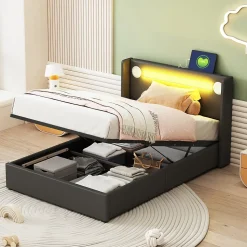 Lit rembourré 90 sur 200 avec éclairage LED lecteur Bluetooth port USB rangement en cuir PU sommier inclus pour chambre jeune