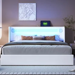 Lit rembourré 160 sur 200 avec éclairage LED lecteur Bluetooth port USB rangement en cuir PU sommier inclus blanc moderne