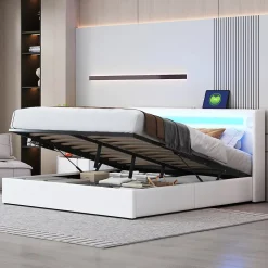Lit rembourré 160 sur 200 avec éclairage LED lecteur Bluetooth port USB rangement en cuir PU sommier inclus blanc moderne
