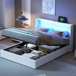 Lit rembourré 140 sur 200 avec éclairage LED lecteur Bluetooth port USB rangement en cuir PU sommier inclus pour chambre