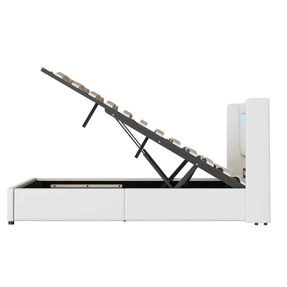 Lit rembourré 140 sur 200 avec éclairage LED lecteur Bluetooth port USB rangement en cuir PU sommier inclus pour chambre