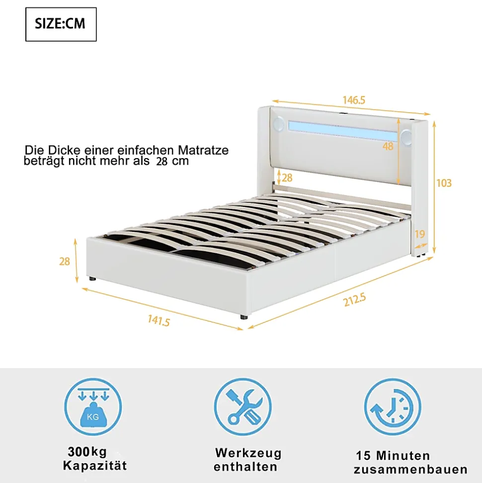 Lit rembourré 140 sur 200 avec éclairage LED lecteur Bluetooth port USB rangement en cuir PU sommier inclus pour chambre