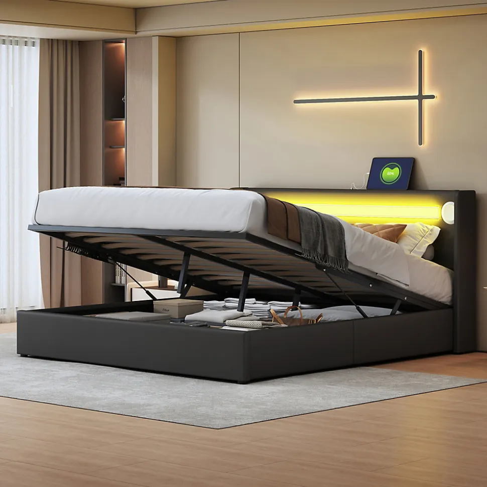 Lit rembourré 160 sur 200 avec éclairage LED lecteur Bluetooth port USB rangement en cuir PU sommier inclus noir élégant