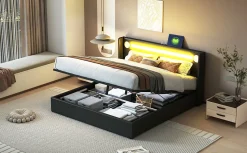 Lit rembourré 160 sur 200 avec éclairage LED lecteur Bluetooth port USB rangement en cuir PU sommier inclus noir élégant
