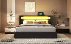 Lit rembourré 160 sur 200 avec éclairage LED lecteur Bluetooth port USB rangement en cuir PU sommier inclus noir élégant