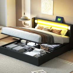 Lit rembourré 160 sur 200 avec éclairage LED lecteur Bluetooth port USB rangement en cuir PU sommier inclus noir élégant