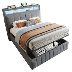 Lit rembourré 140 sur 200 avec LED port USB tête rangement coffre hydraulique avec étagères tissu lin gris