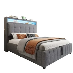 Lit rembourré 140 sur 200 avec LED port USB tête rangement coffre hydraulique avec étagères tissu lin gris