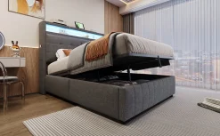 Lit rembourré 140 sur 200 avec LED port USB tête rangement coffre hydraulique avec étagères tissu lin gris